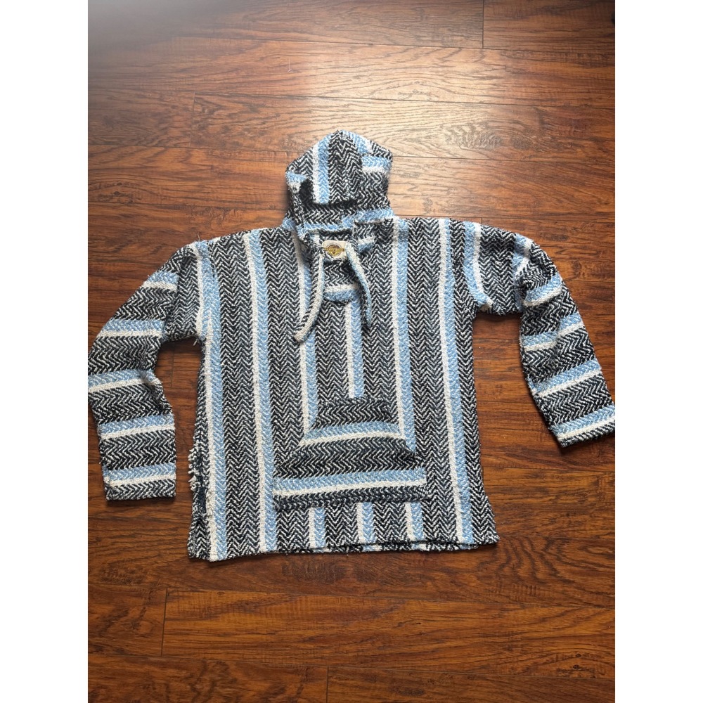Earth Ragz Mens Baja Hoodie Blue Black White Striped Woven Pullover Small